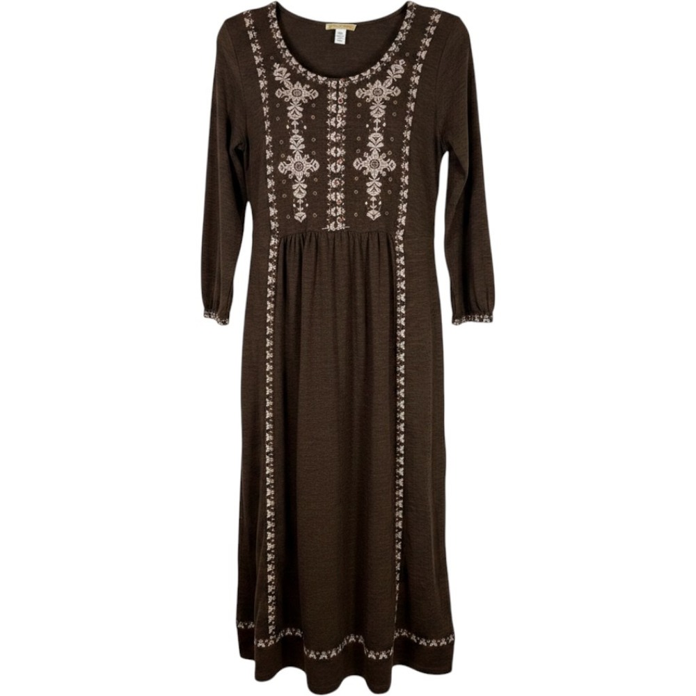 Sweet Magnolia Embroidered Long Sleeve Midi Dress M Brown Boho Peasant Cottage